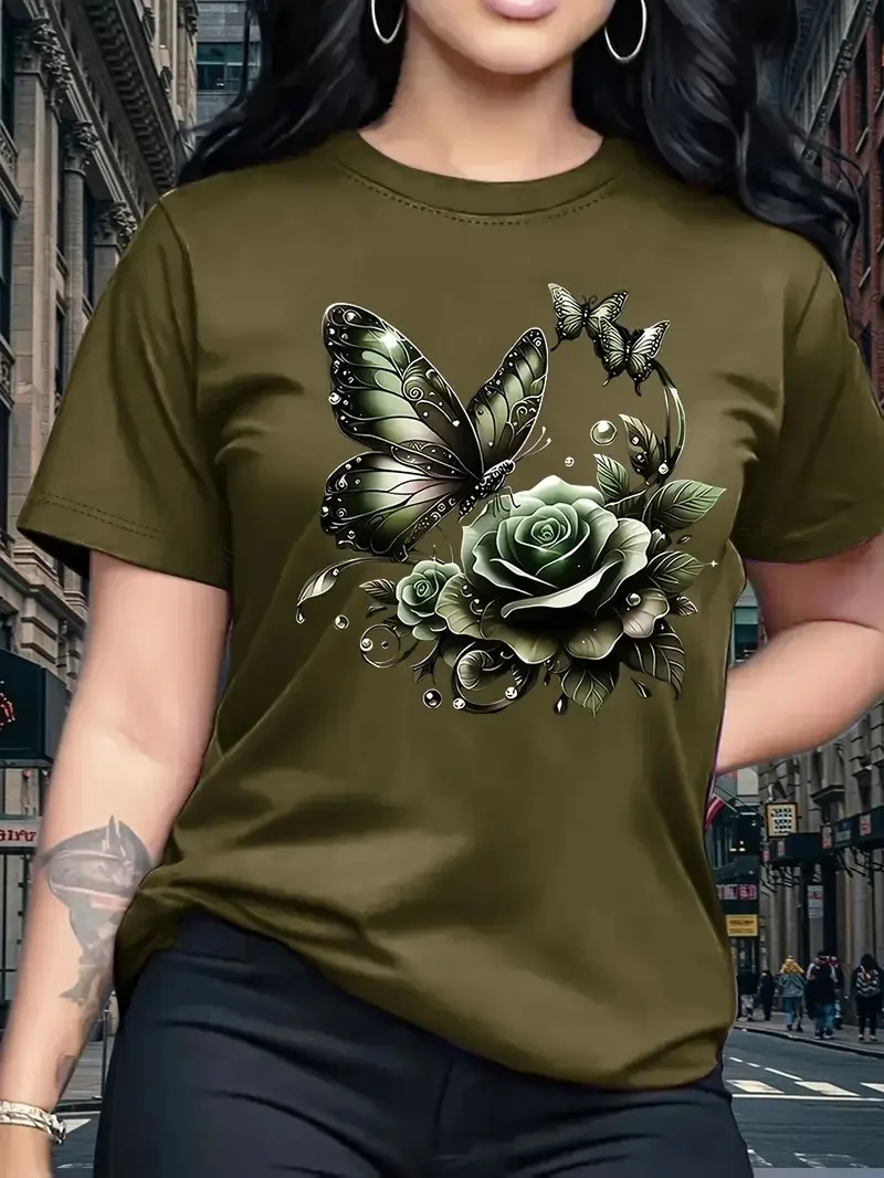 

Women's Rose Butterfly Print Fashion Casual T-Shirt Short Sleeve Crew Neck Top Ideal Birthday or Holiday Gift for Outdoor Sports