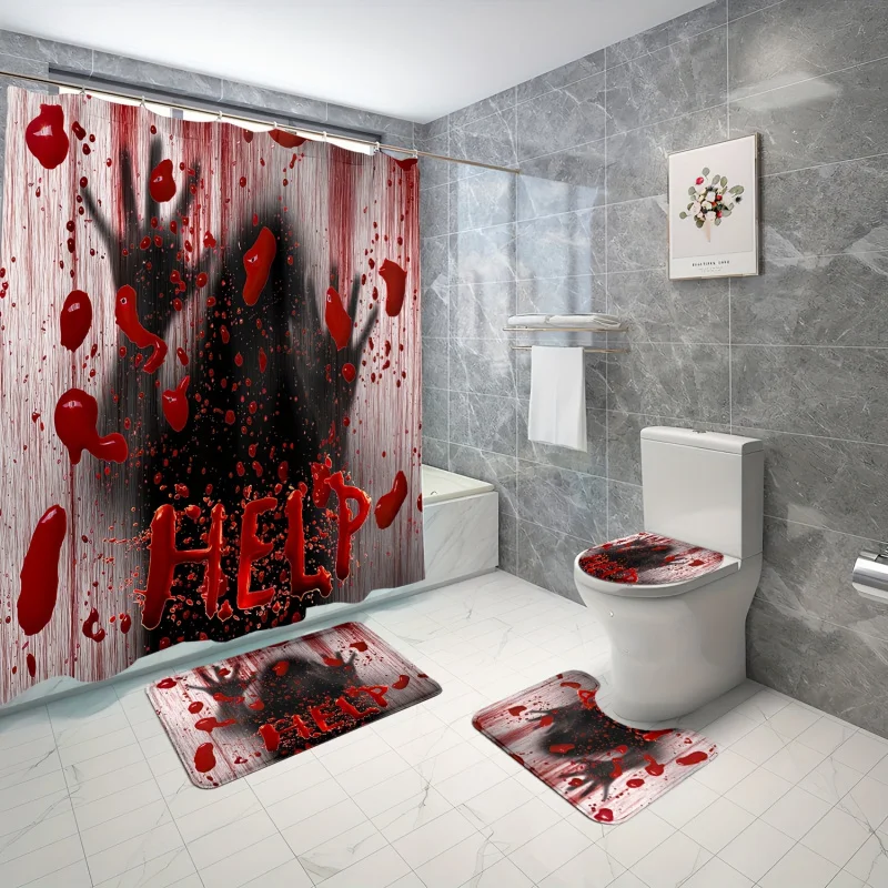 

4 шт., набор занавесок для душа с рисунком теней ужасов, водонепроницаемая занавеска для перегородки ванны с крючками, U-образный коврик, коврик для унитаза, Mem