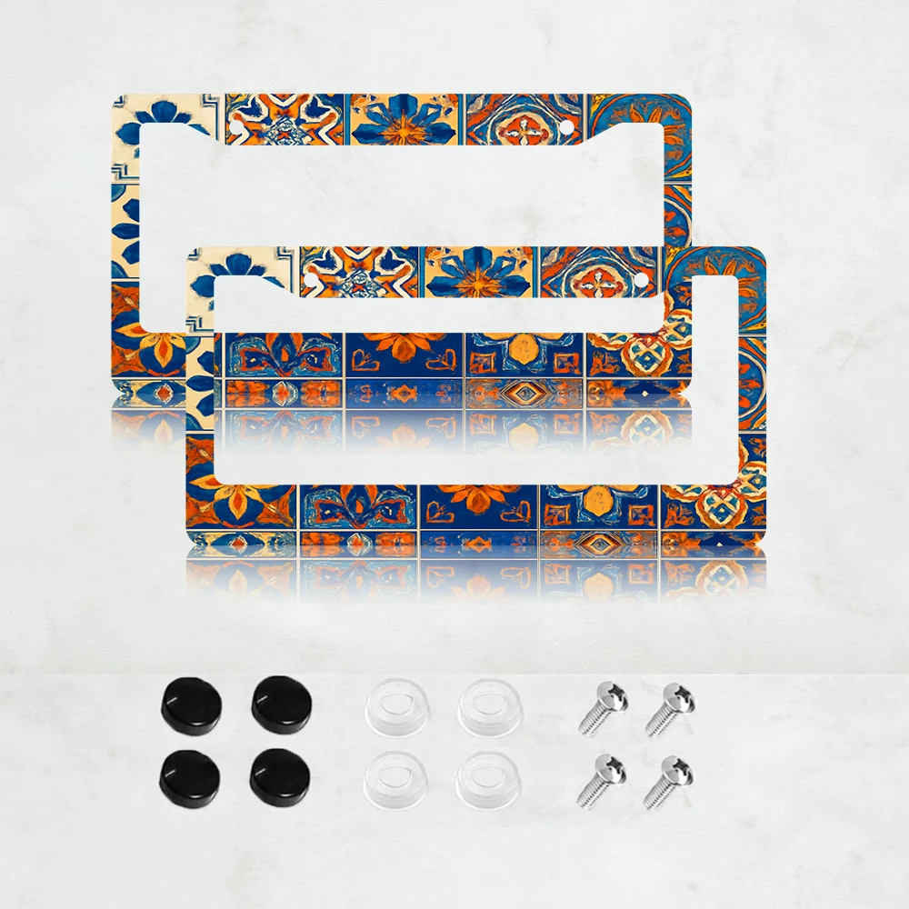 

2PC 2-Hole License Plate Frame in Blue and Orange Floral Design, Aluminum Material, 6x12 Inches, Includes Screws