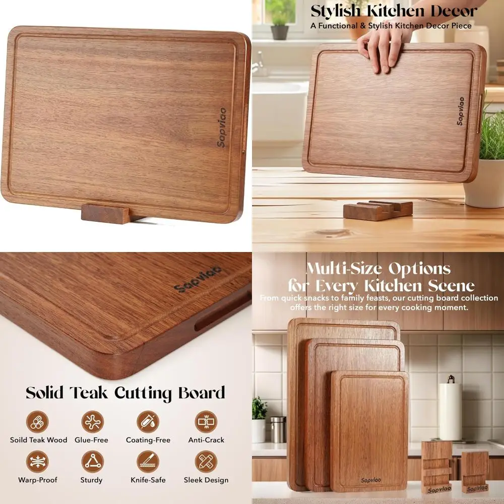 

Solid Teak Wood Cutting Board - One Piece, Durable, Knife-Friendly with Deep Juice Grooves for Efficient Food Preparation