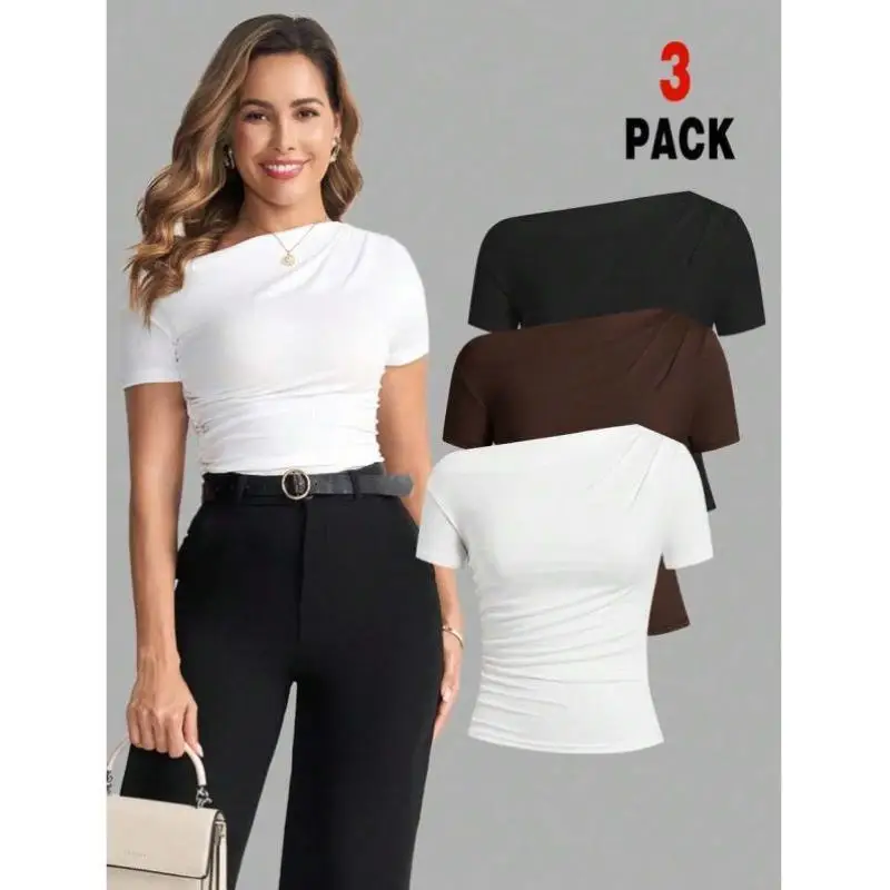 

Casual Asymmetric Collar Pleated T-irt Pure Color Summer New Sle Women's Faion Ciwalk PU Leather Sve Seven-Quarter