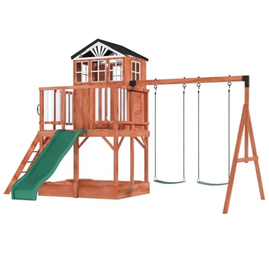 

Деревянный игровой комплекс 8-в-1 для улицы с песочницей, игровой кухней, 2-местными качелями, волнообразной горкой, угловыми сиденьями, коричневый, прочный, натуральный