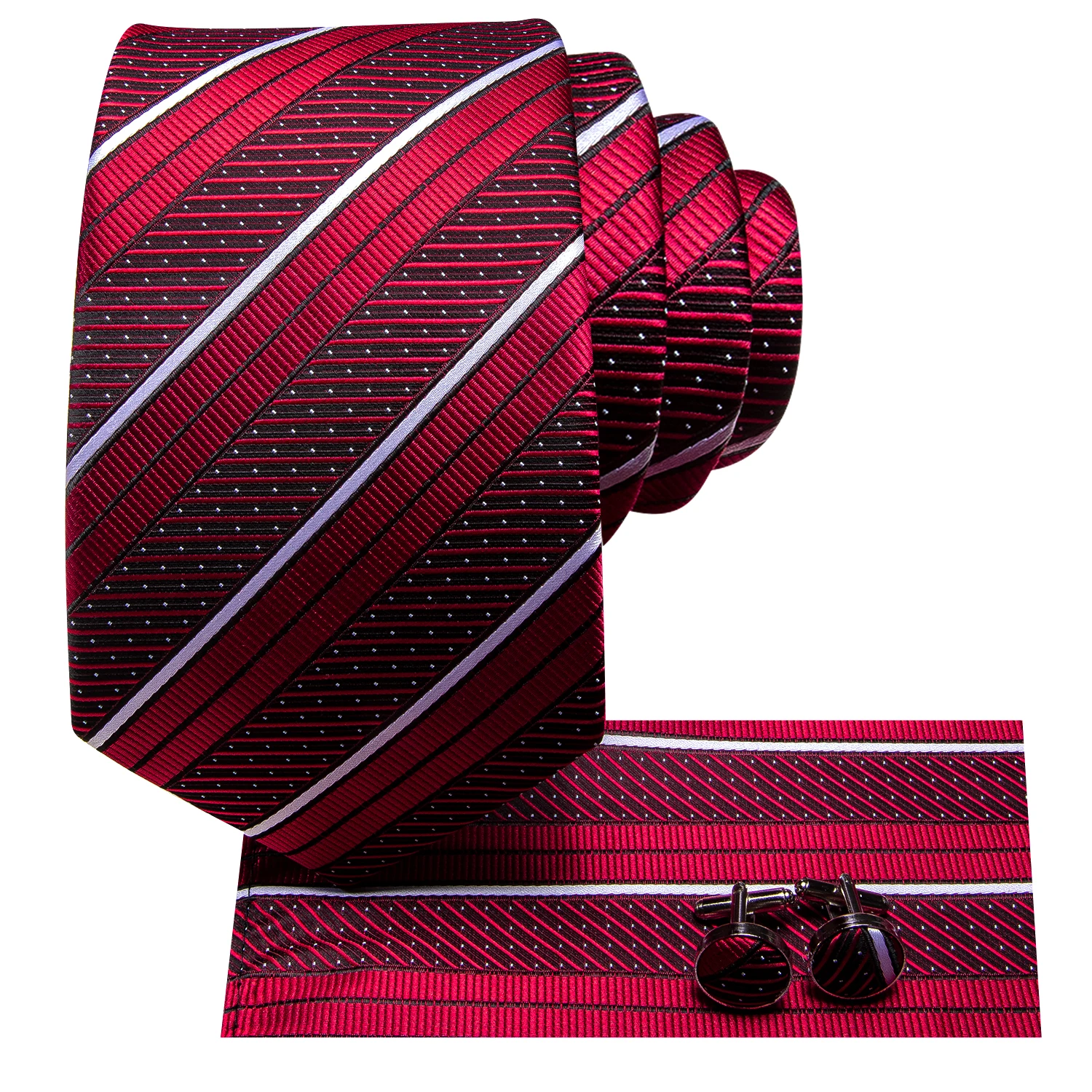 Hi-Tie Designer Striped Red White Elegant Tie for Men Fashion Brand Wedding Party Necktie Handky Cufflink Wholesale Business