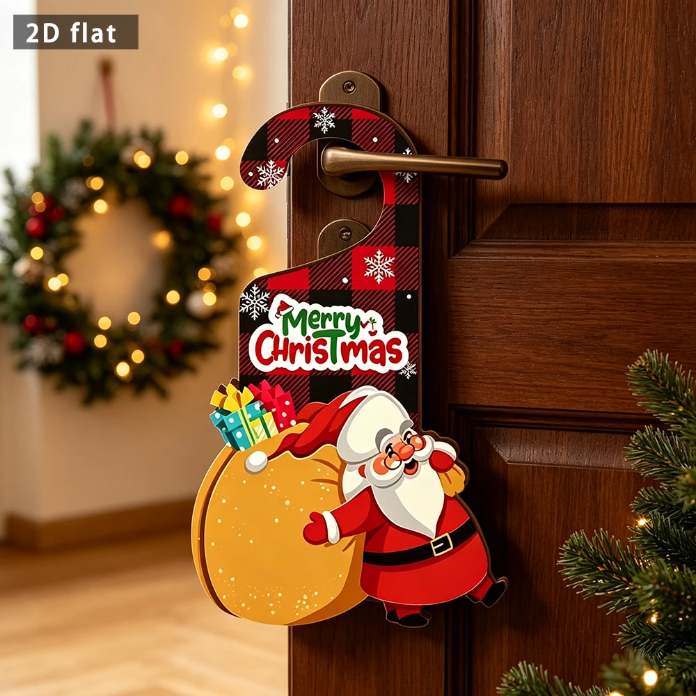 Wooden Christmas Santa Door Hanger Sign, 2D Flat Buffalo Plaid Merry Christmas Plaque, Xmas Door Handle Decor Ornament