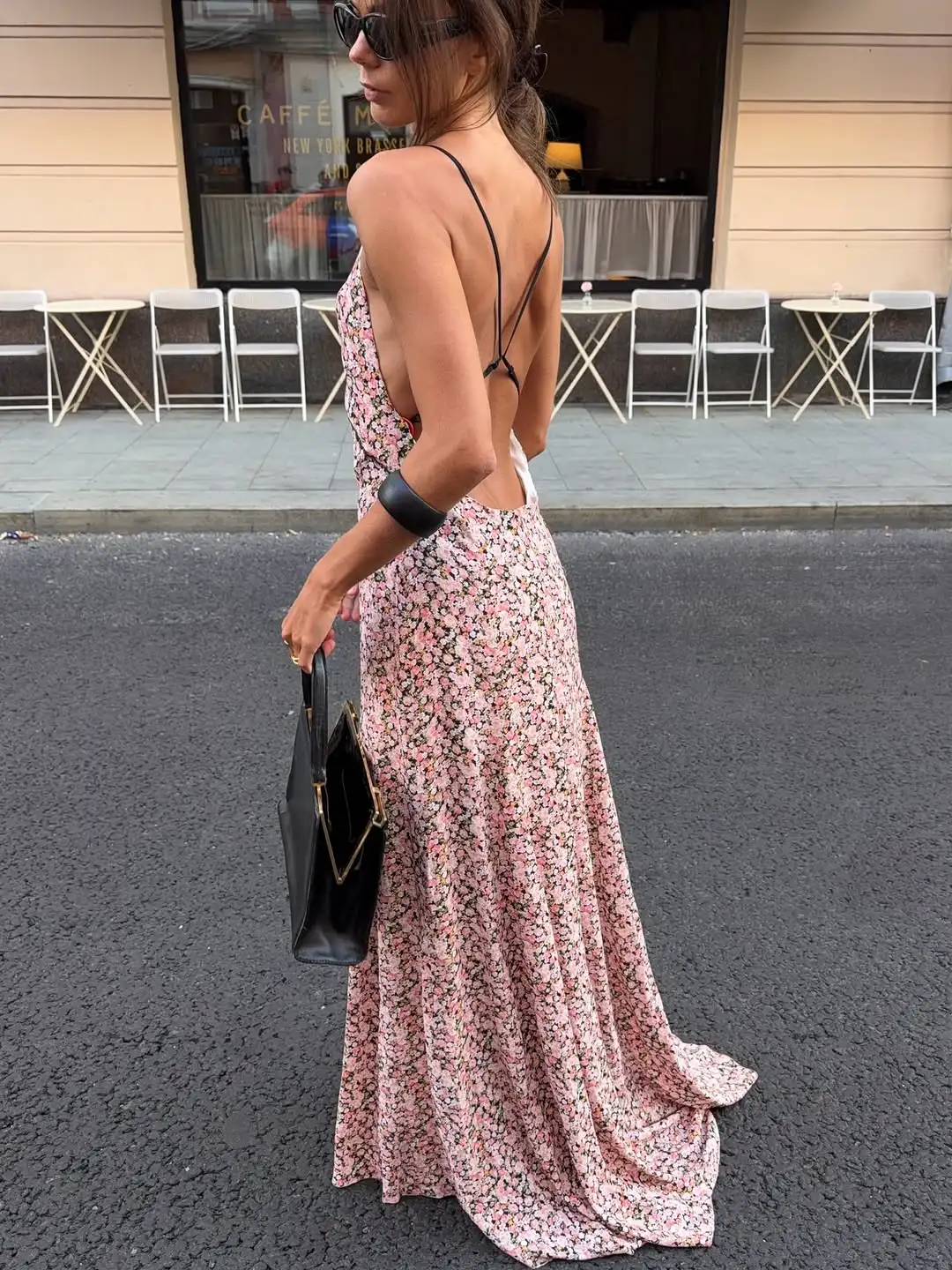 Pink Ditsy Floral Satin Maxi Dress Spaghetti Strap Deep V Neck Front Black Rose Detail Ruffle Hem Women Street Vacation Dress