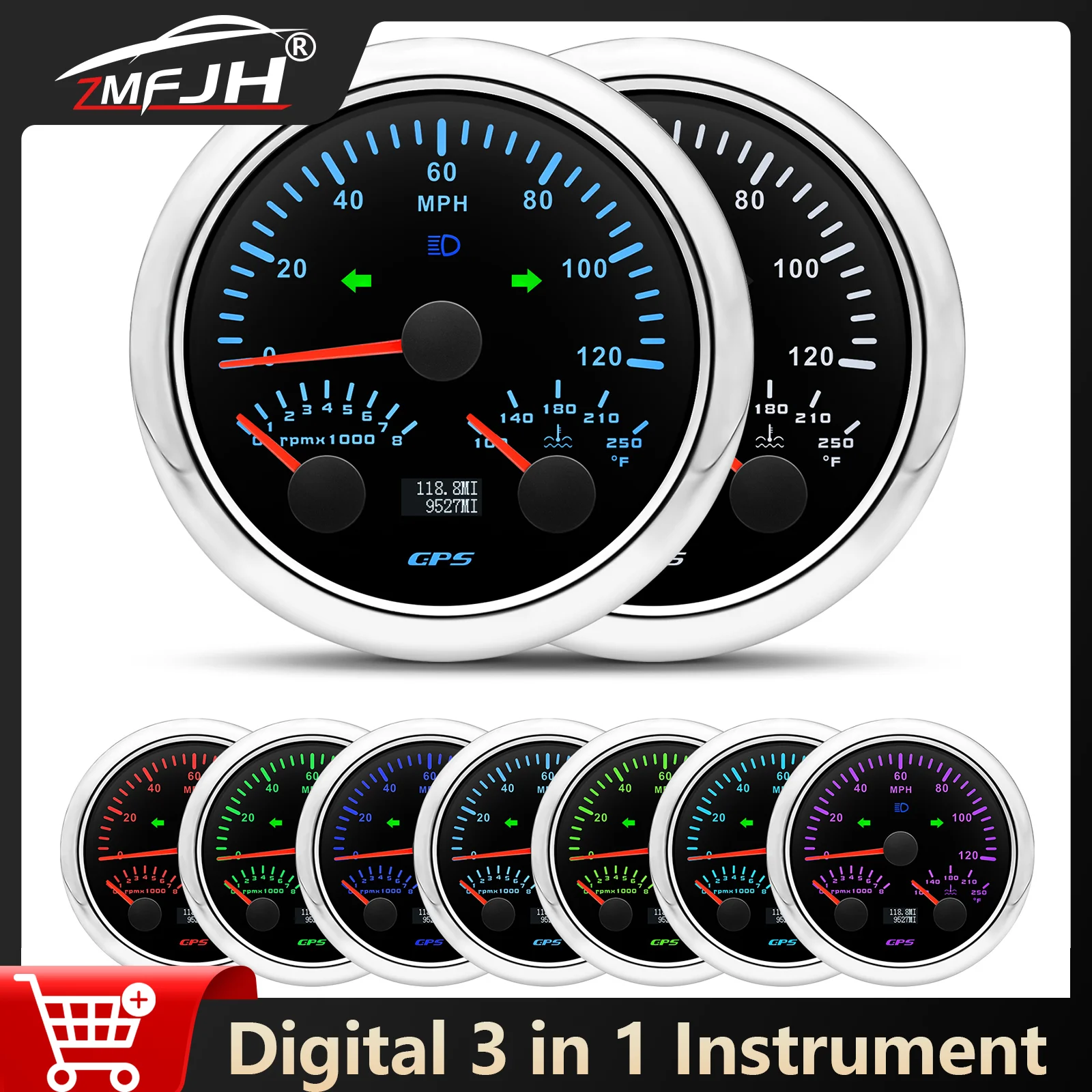 

3 In 1 Gauge 0-120 MPH GPS Speedometer 0-8000RPM Tachometer 100-200°F Water Temp Gauge Multi-functional For Boat Car 12V 24V