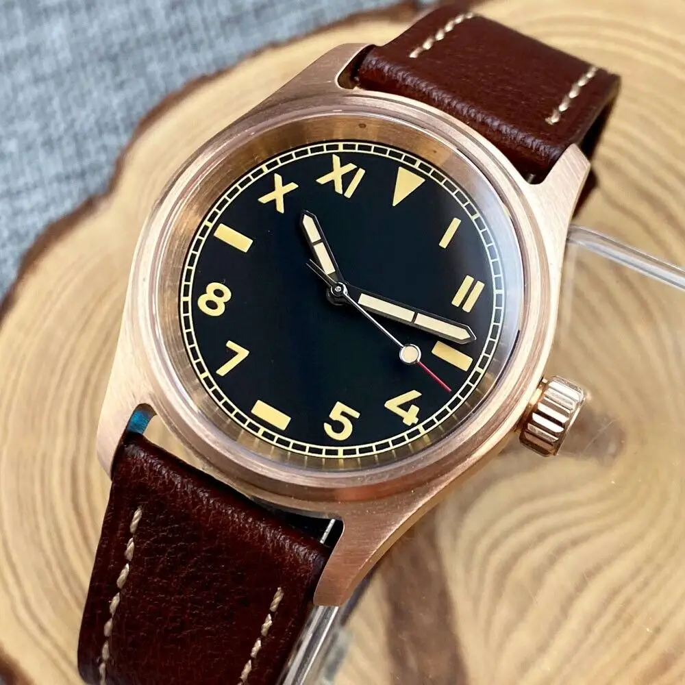 

36mm CUSN8 Solid Bronze Case Roman Numerals Black Dial Sapphire Glass NH35A PT5000 Automatic Movement Men's Watches Leather