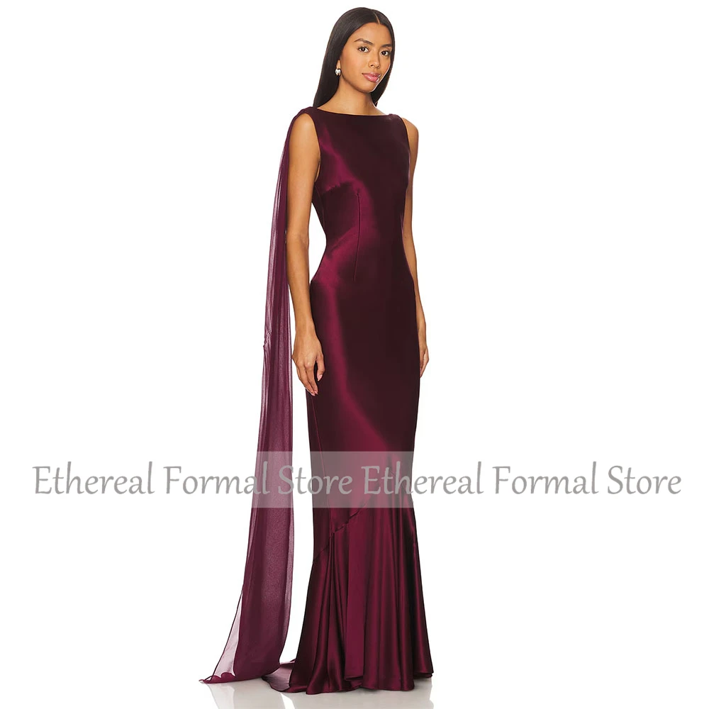 Burgundy Mermaid Women's Evening Gown Boat Neck Evening Dress For Wedding  Sleeveless  Long Backless Formal Dress