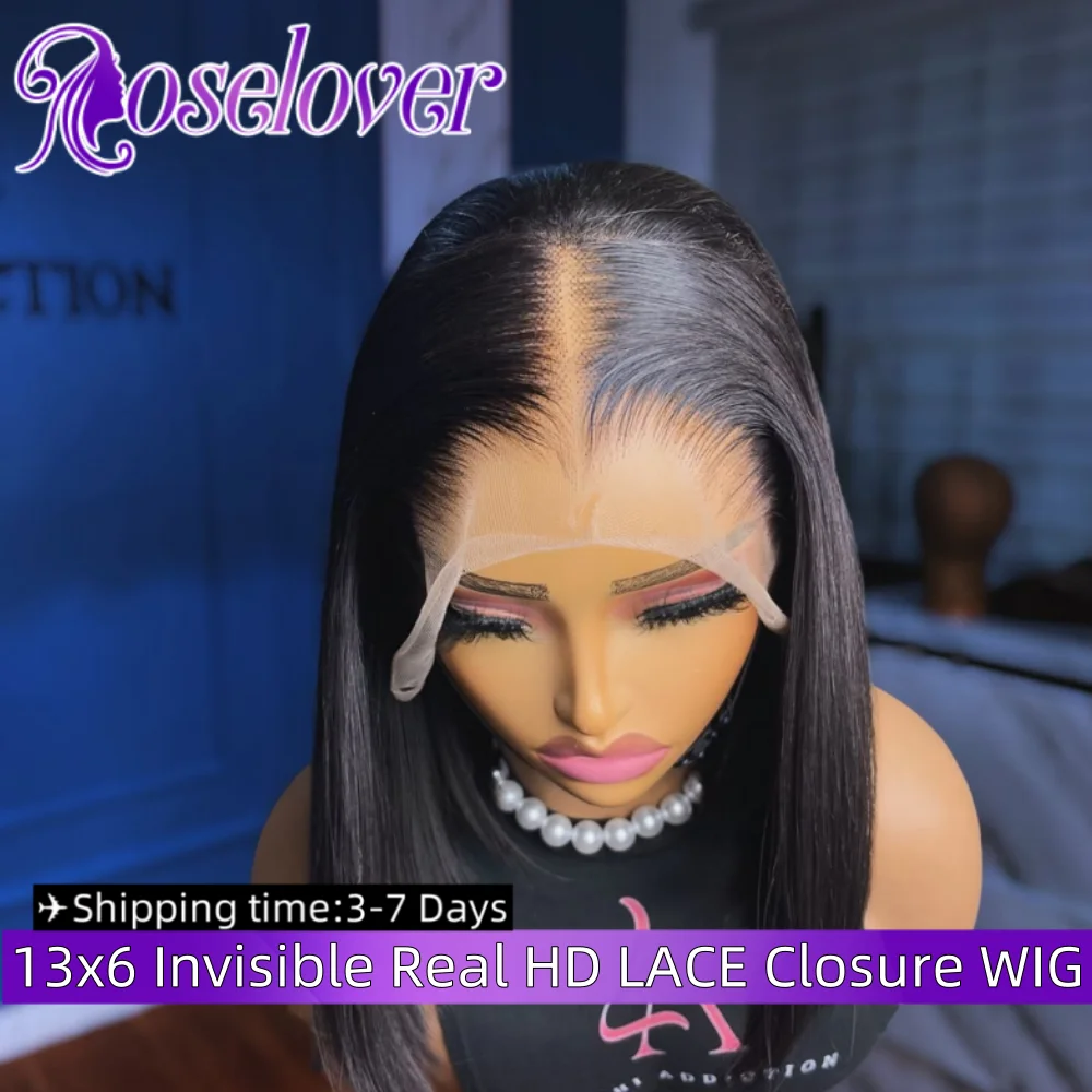 ROSELOVER 16 дюймов 13x6 невидимый настоящий HD кружевной полный фронтальный парик Wear to Go бесклеевые прямые девственные волосы плотность 250% для женщин