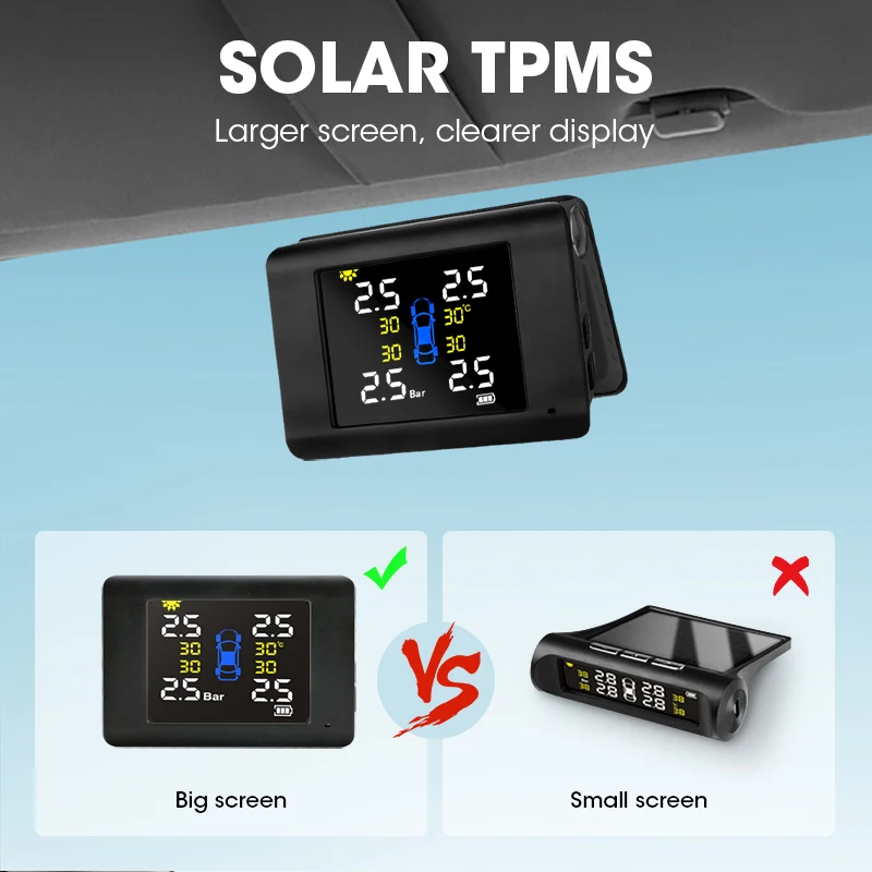 Jansite TPMS Wireless Car Tire Pressure Monitoring Intelligent System Solar Power LED Display with 4 Built-in or External Sensor