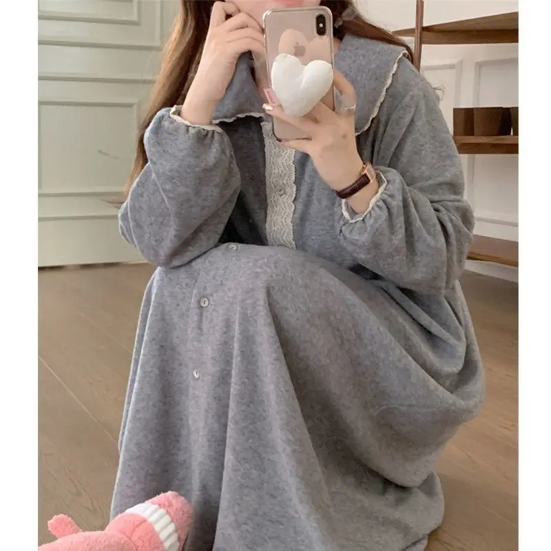 Lace Women Nightgown Ruffles Sleepwear Korean Gray Nightwear Autumn Long Sleeve Sleeping One Piece Pajamas Solid Night Dress New