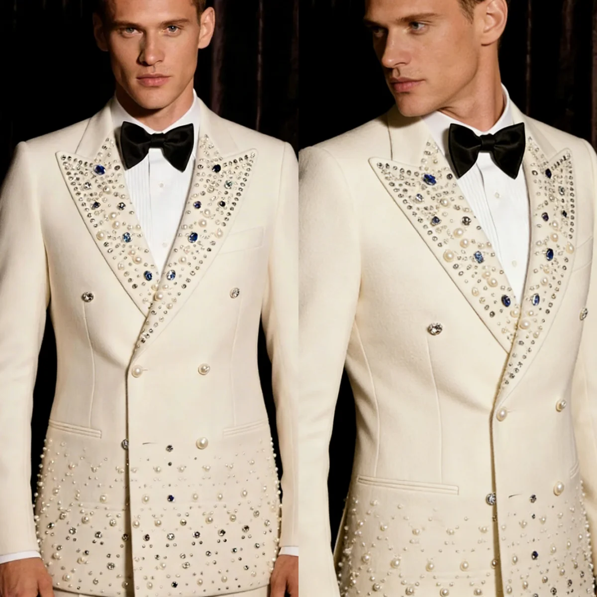 

Modern Men Wedding Tuxedos Double Breasted Peaked Lapel Jacket Blazers Classic Fit Pearls Dinner Party Customized 2 Pieces