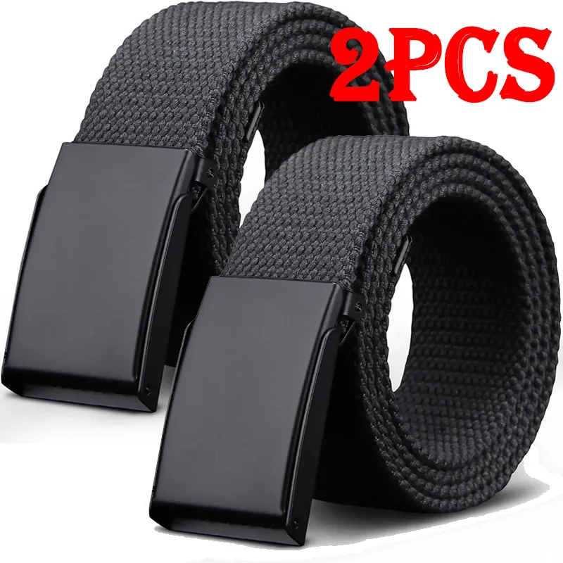 1/2 Piezas Cinturón de Lona y Nylon para Hombre, Negro, Hebilla Automática, Unisex, para Mujer, Talla Grande, Cinturones para Jeans, Talla Extra Larga 160 150 140cm