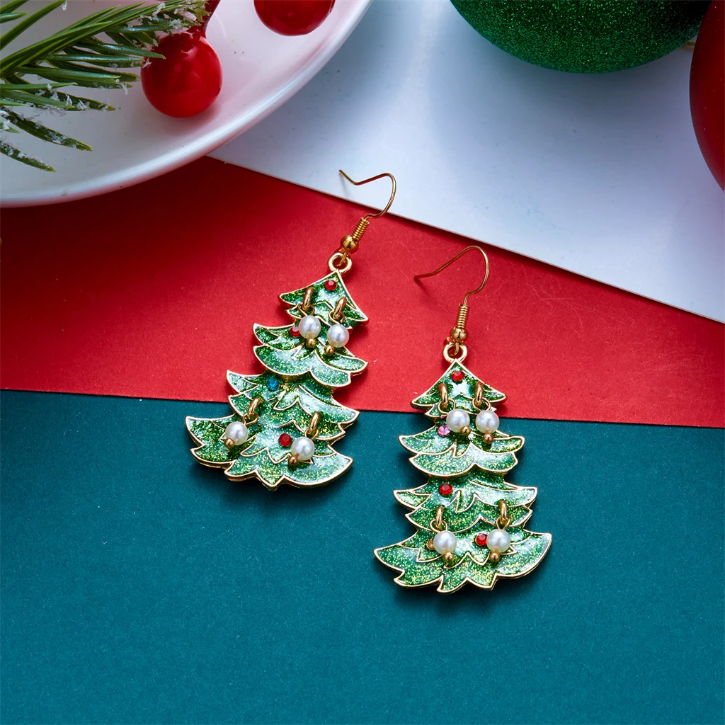 Klassische grüne Emaille-Weihnachtsbaum-Ohrhänger für Damen, bunte Strass-Imitationsperlen-Weihnachtsbaum-Ohrringe, Schmuckgeschenke – Detail 7