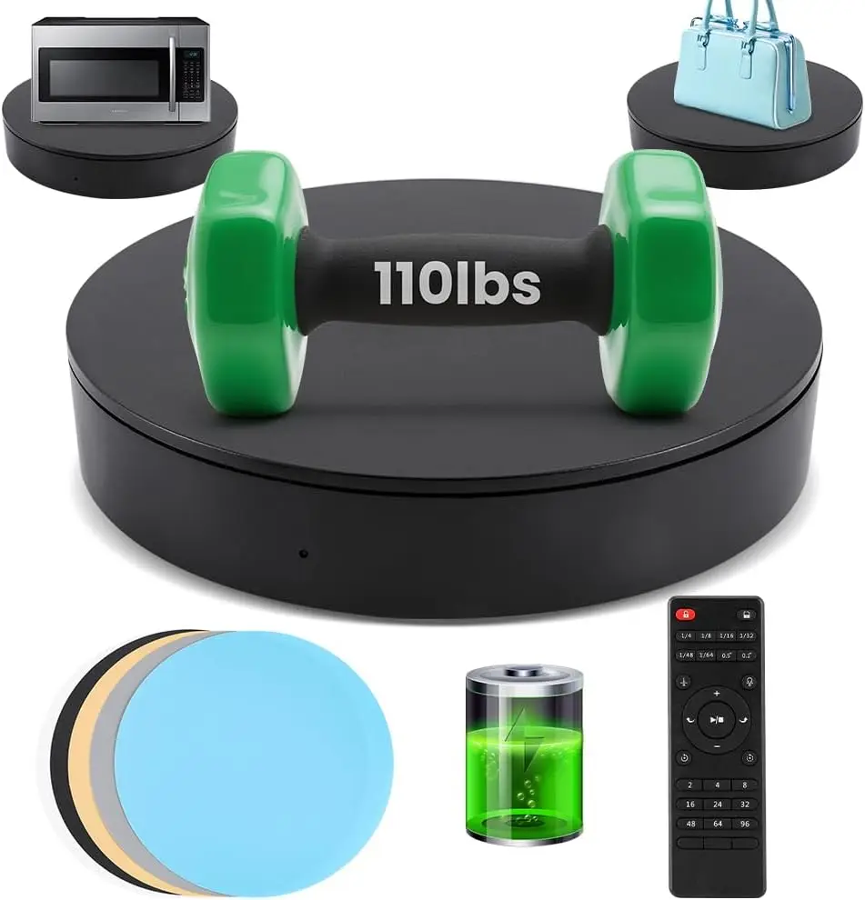 13.7inch 110lb Rechargeable Motorized Photography Turntable with Remote Control, Black
