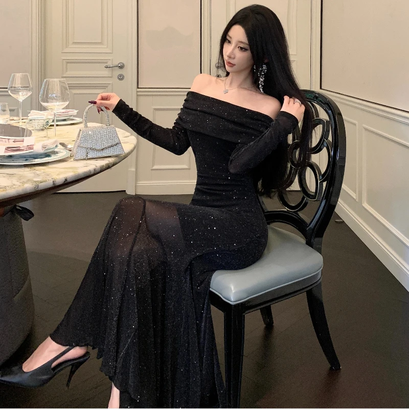 High-end กระชับ Sheath Bodycon ชุดนางเงือกผู้หญิงอินเทรนด์แขนยาวปิดไหล่ชุดฤดูใบไม้ร่วงชุดวันเกิด