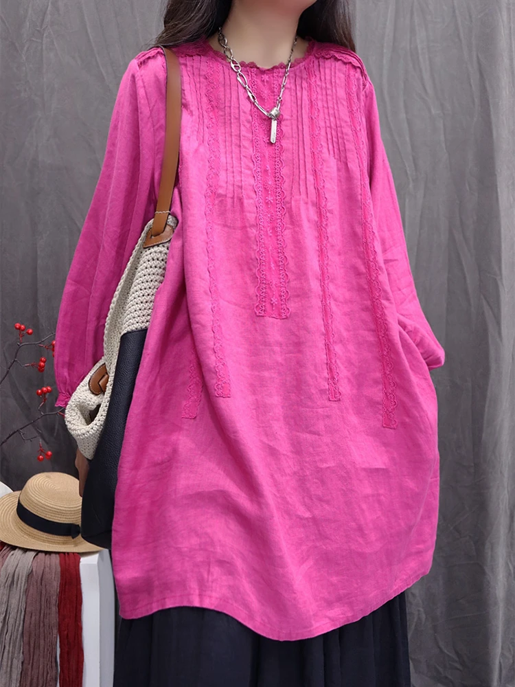 100% Linnen Vrouwen Casual Jurk Nieuwe 2025 Herfst Vintage Stijl O-hals Kant Effen Kleur Losse Vrouwelijke knielange A-lijn Jurk M2144