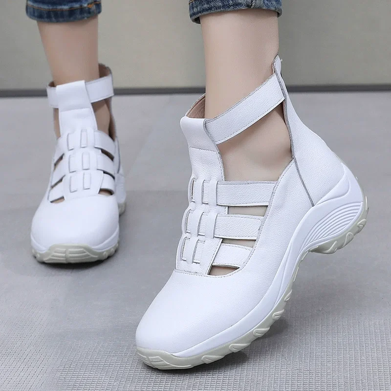 

GKTINOO Women Platform Sandals Genuine Leather Comfy Flats Comfortable Ladies Casual Shoes White Sneakers Hollow Female Sandals