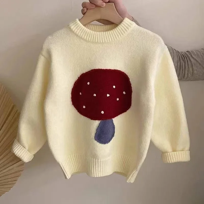 South Korea Children's Autumn and Winter New Girl's Cartoon Mushroom Thickened Knit Sweater Fashion Plaid Pants With Velvet