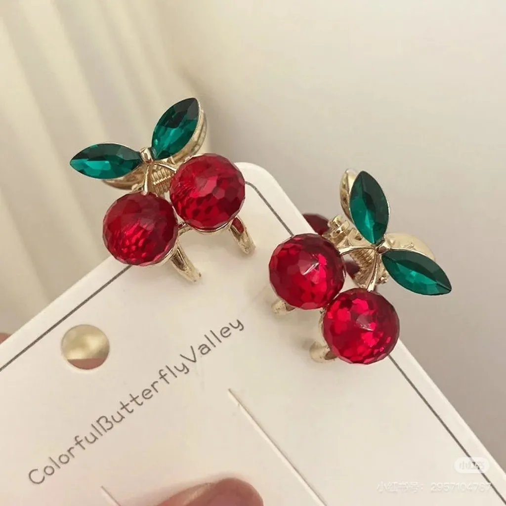 1pcs Fashion Green Leaf Red Cherry Hair Claw Mini Crystal Shark Hair Clip Women Girls Bangs Hairpin Hair Accessories Xmas Gifts view 2