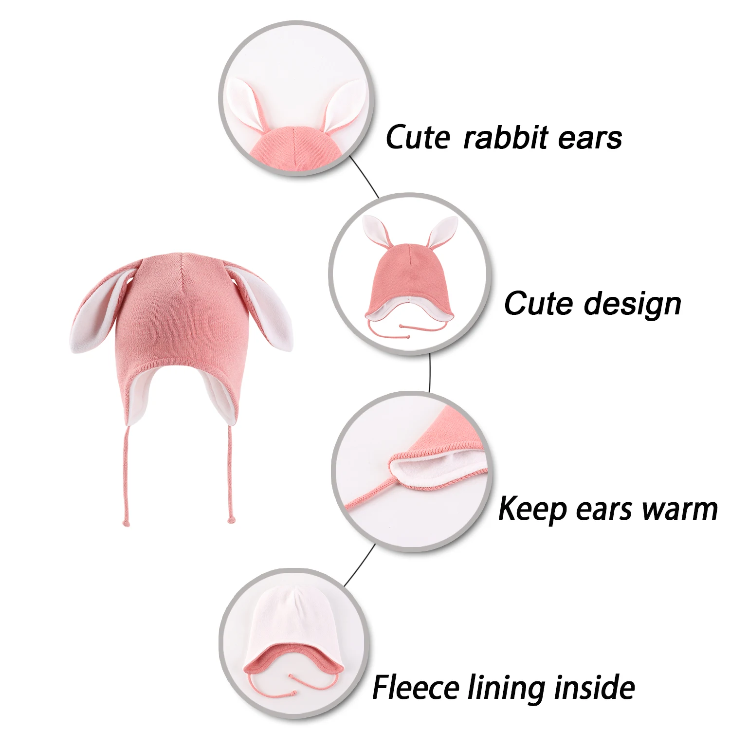 Gorro de invierno para bebé con orejeras, gorro con orejas de conejo para niños y niñas, gorro de punto con forro polar cálido para niños