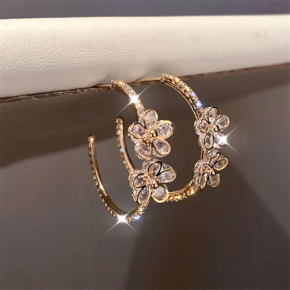 925S Silver Needle Gold Plated Inlaid Rhinestone Ring Flower Earrings Ins Temperament High-end Cool Style Earrings 2023 New Bran