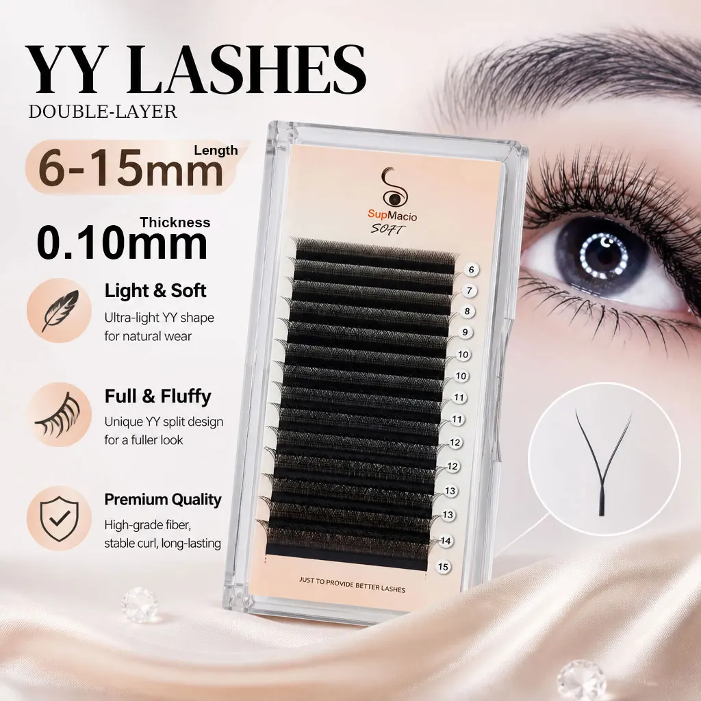 Supmacio 0,10 mm YY Lash extensión de pestañas en forma de Y negro dos puntas 0,1 mm 2D ventiladores de volumen prefabricados pestañas individuales naturales