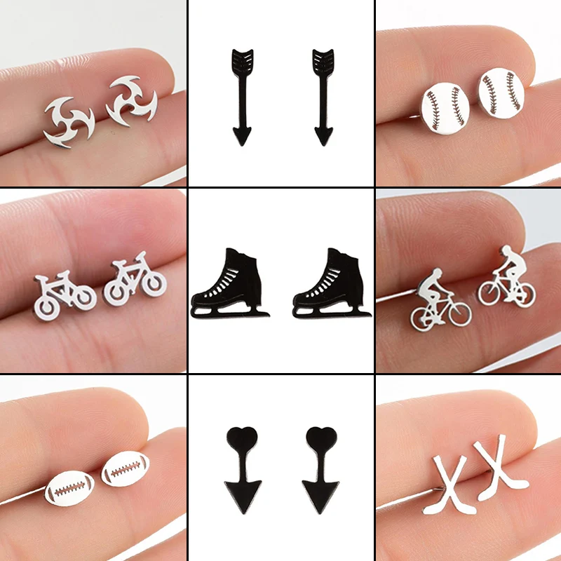 Brincos de Moda Esportivos em Aço Inoxidável para Arqueria, Ciclismo, Rugby, Beisebol, Dardo e Esqui, Joias e Acessórios para Meninas, Presentes