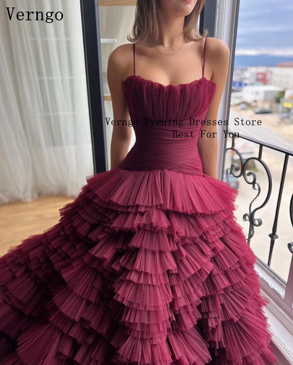 Verngo Burgundy Tulle Evening Dress Sweetheart A Line Princess Party Dresses Tiered Graduation Dress Customized