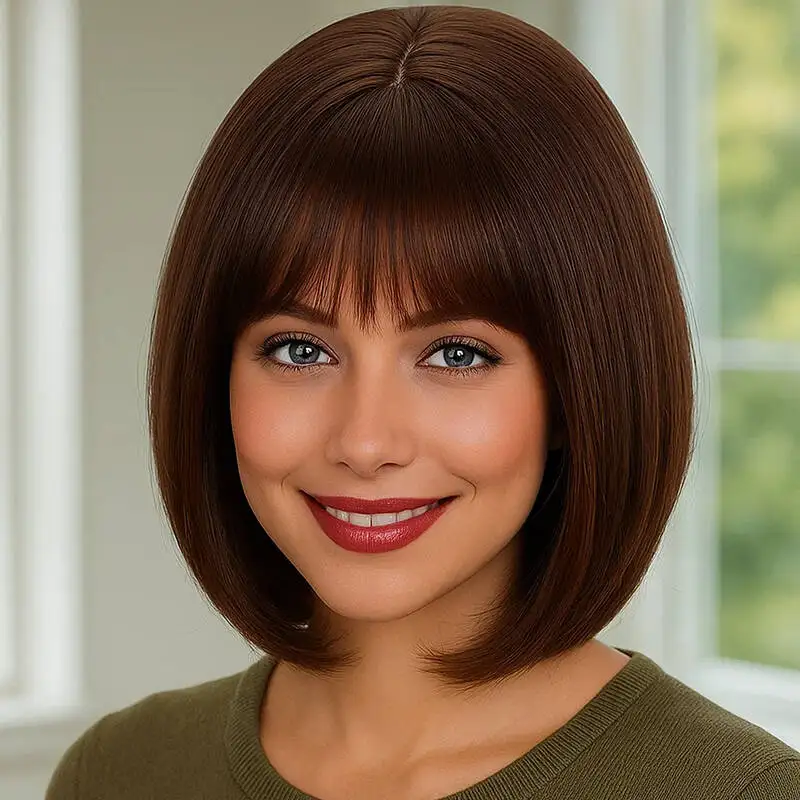 

Мягкий 12-дюймовый темно-коричневый синтетический парик с прямой челкой, подходящий для женского повседневного стиля на Хэллоуин и Рождество.