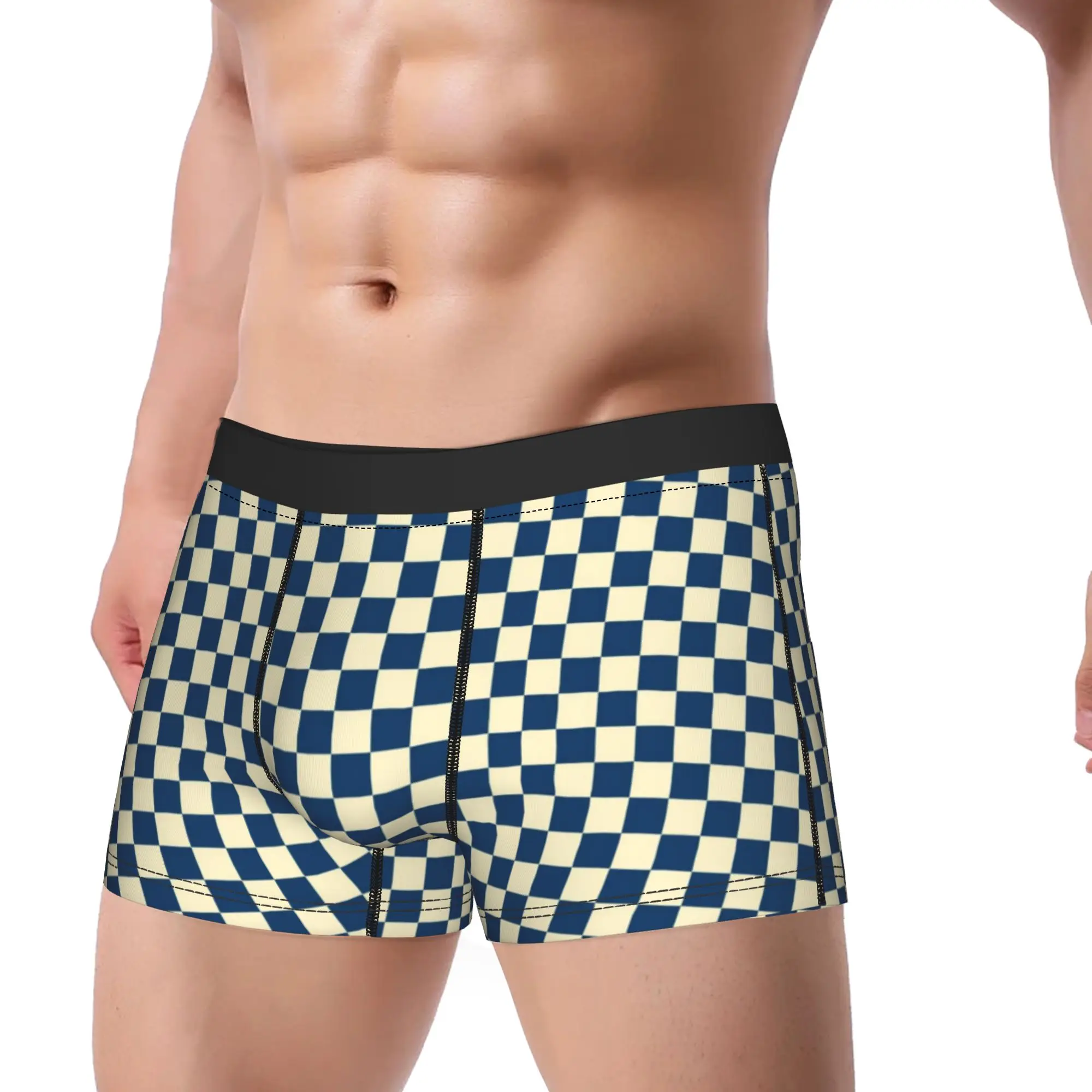 Navy White Checkered Chessboard Pattern  Underpants Homme Panties Male Underwear Comfortable Shorts Boxer Briefs