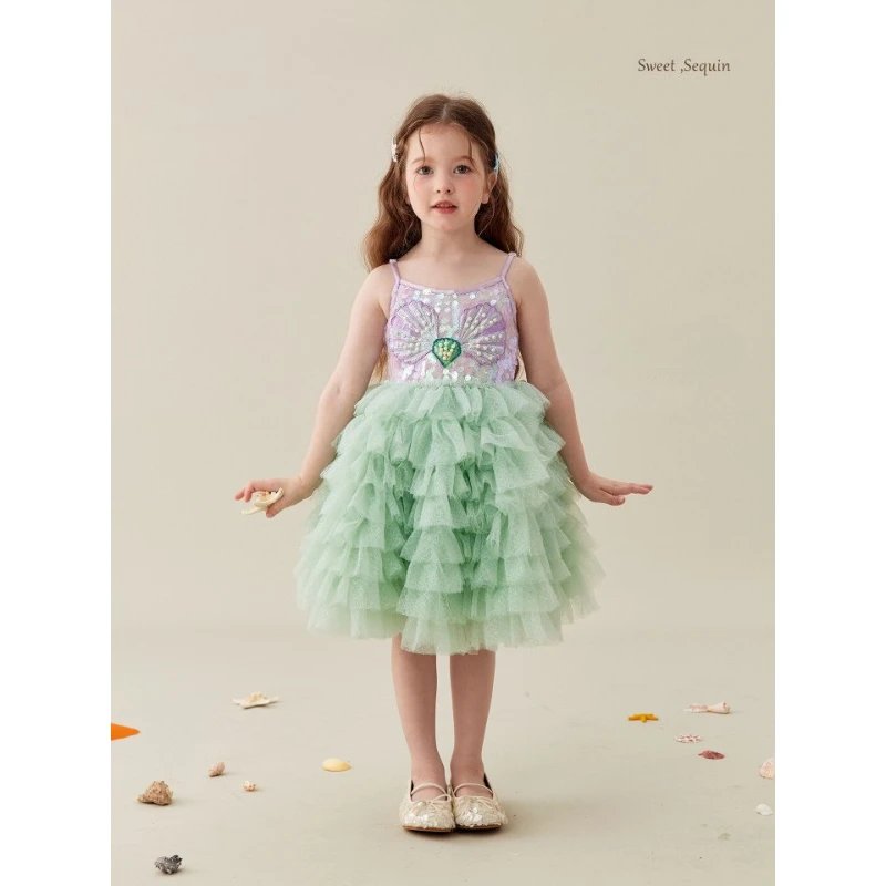 2026 Children Girls Summer MermaidTulle Cake Kids Little Tutu Princess Gown Pageant Costume Sleeveless Dress Shell Sequin Decor