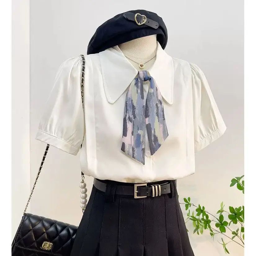 

Japan Temperament Niche Color Matching Ribbon Short-Sleeved Shirt Women'S Summer Professional Commuting Tops