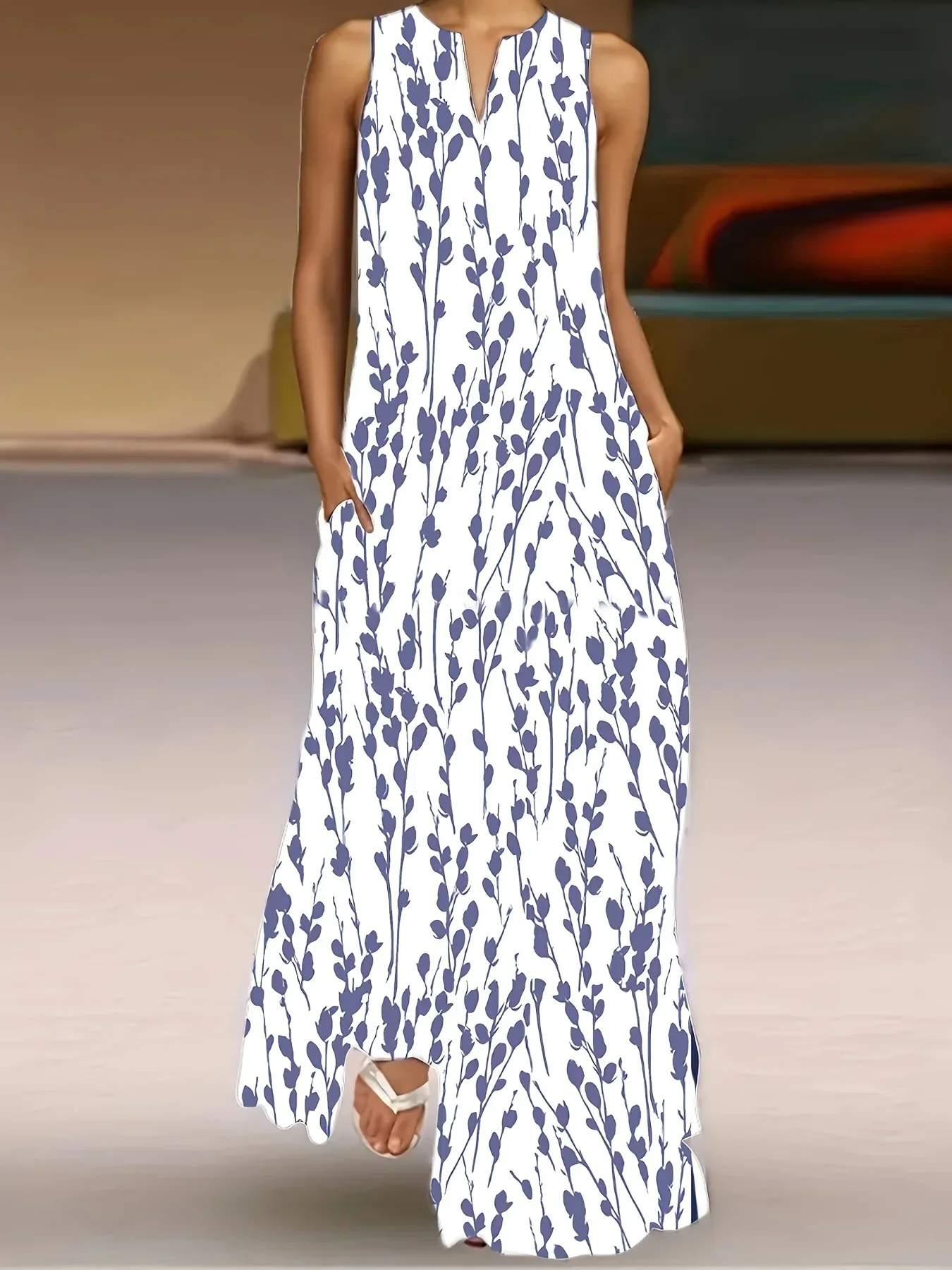 Women's Summer Long Dress Ladies Simple Butterfly Flower Print V-Neck Dress Showing Face Elegant Party Dress Women's Beach Dress