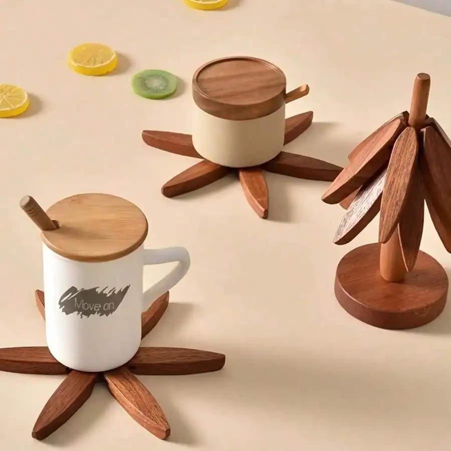 

Wooden Tree-Shaped Trivet Set (1pc) - 3 Detachable Coasters, Natural/Walnut Finish Kitchen Drink Holder