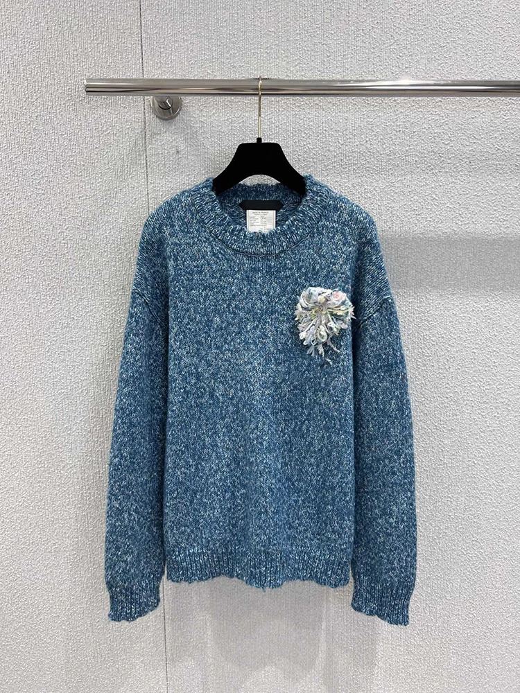 SVORYXIU Lente en herfst modieuze blauwe casual trui dames losse retro trui met bloemenpatroon