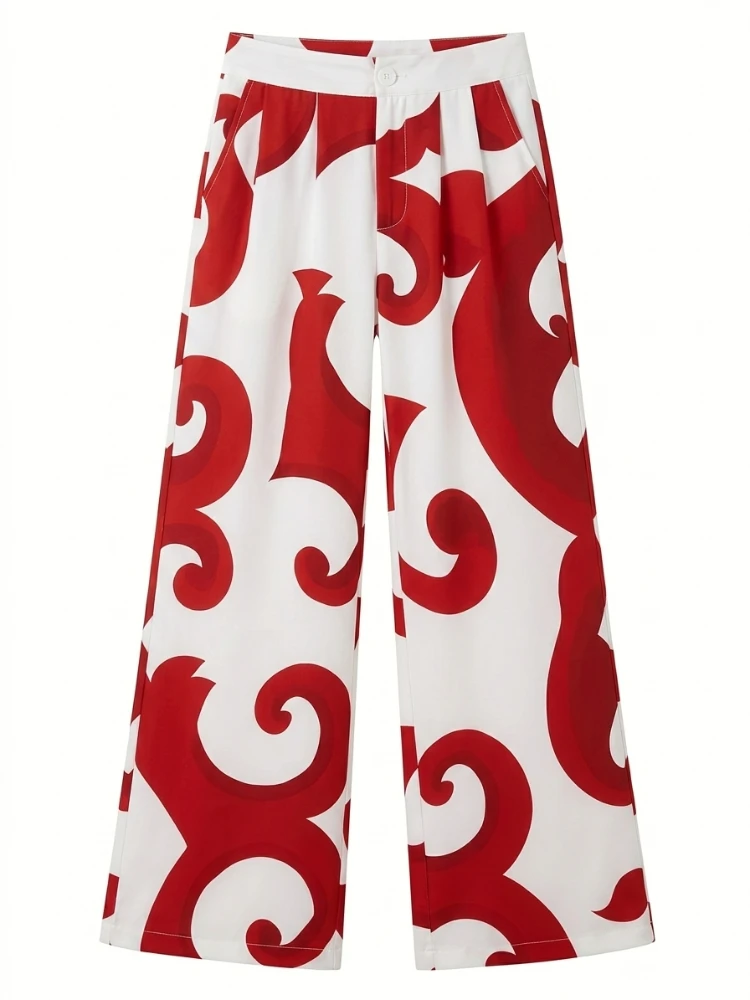 

Bonboho Women's Boho Red White Abstract Swirl Print Pants High Waisted Pleated Wide Leg Trousers 2026 Vacation Outfit for Summer