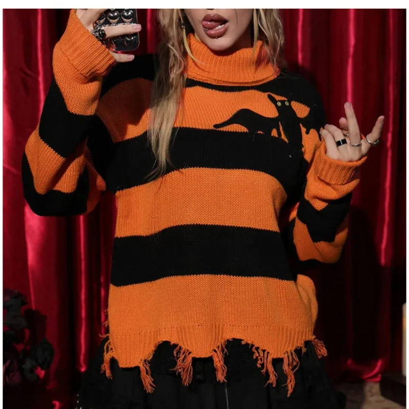 Pomarańczowy kolorowy sweter z dzianiny w paski damski Halloween haftowany nietoperz sweter z golfem luźny sweter w stylu vintage dla kobiet