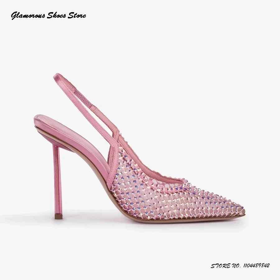 

Crystal Embellished Fishnet Slingback Pumps Bing Pointed Toe Thin Heels Slip On Shoes Women's Party Evening Prom Stilettos