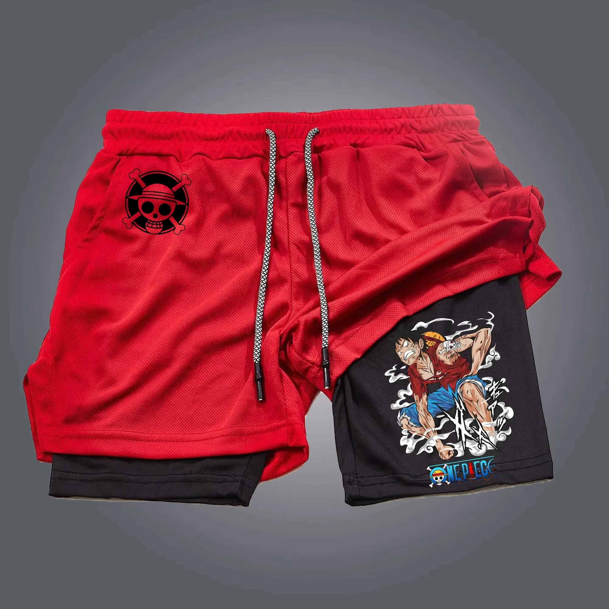 Bandai One Piece Luffy bedruckte doppellagige Shorts, lockere, schweißableitende und atmungsaktive Sportshorts für Herren und Damen im Sommer