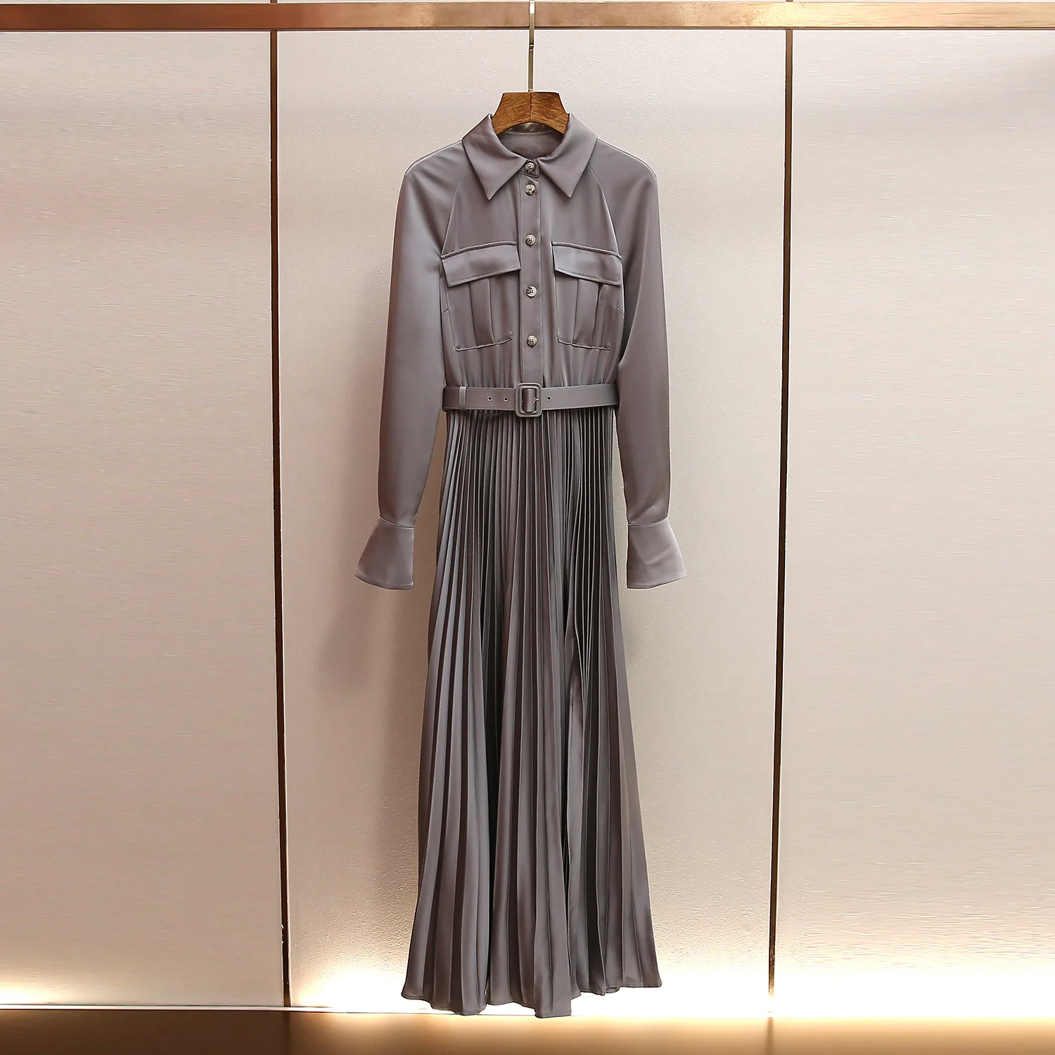 Quality Well High Waist Long Sve Gauze Dr with Belt Ele Satin Fabric A-Line Silhouette Commute Sle Suitable for Spring Autumn