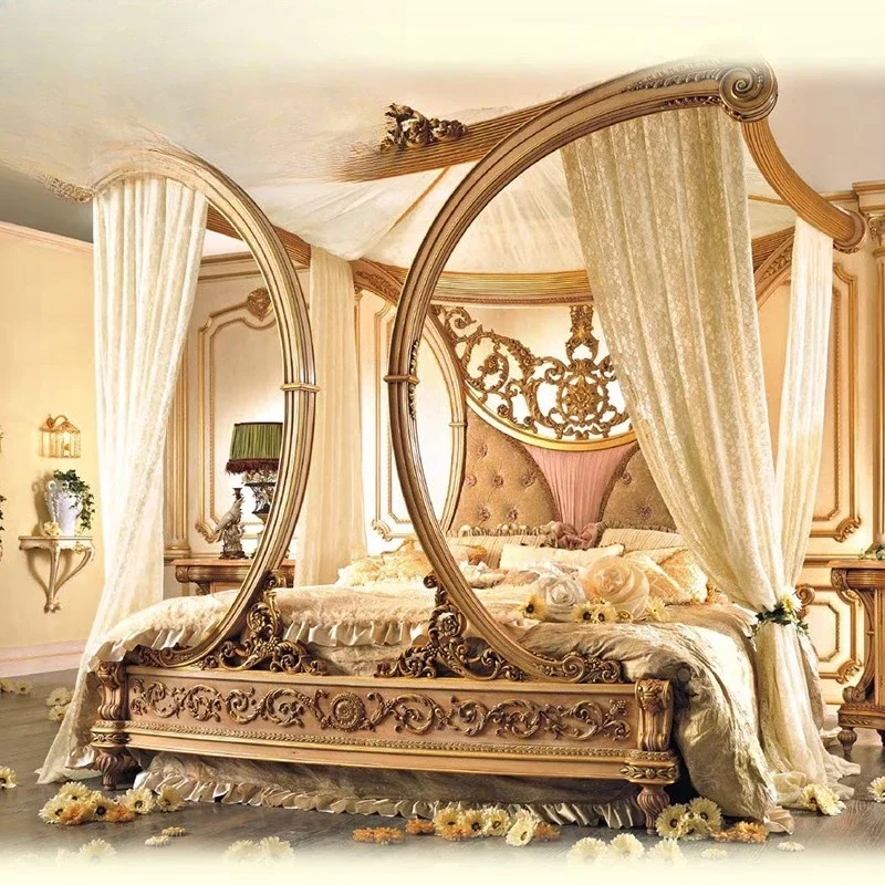 European luxury, master bedroom 1.8 meters solid wood bed, French carved court style shelf, double princess bed