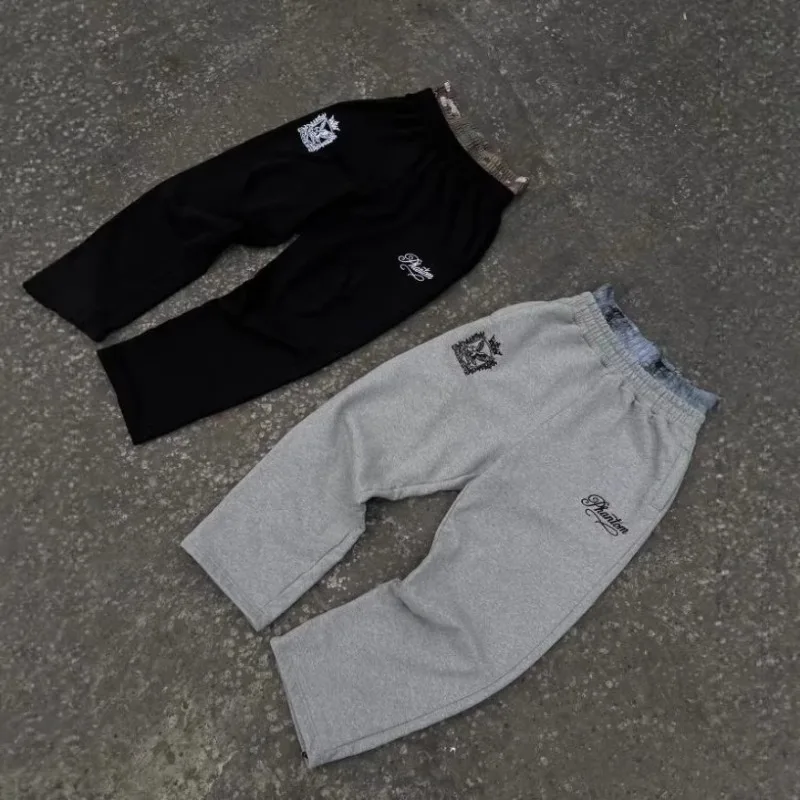 

Мужские спортивные брюки в стиле Harajuku с минималистичным логотипом, пэчворк, двойной пояс, свободные штаны, одежда для мужчин