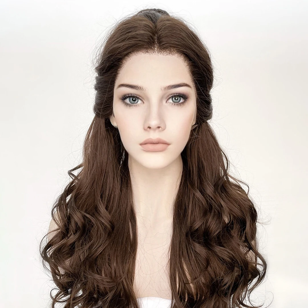 Long 26Inches Wavy Dark Chestnut Brown 13x4 Transparent Lace Front Women Wigs with Baby Hair Glueless Systhetic Hair Wigs