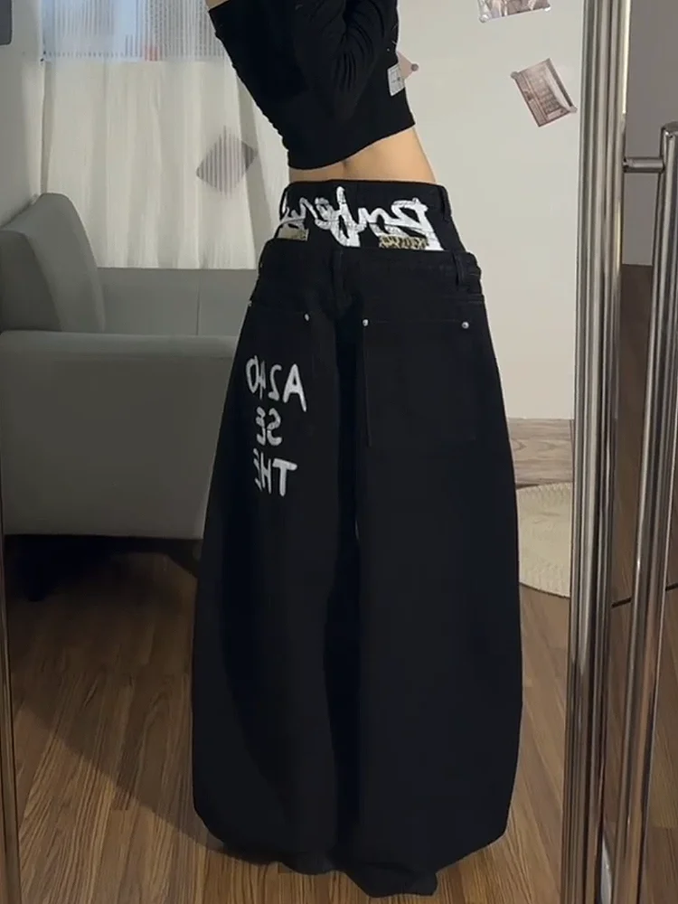 

Retro American Hot Girl Double Waist Head Jeans Women's Design Sense Letter Print Loose Slim Wide Leg Knife Pants