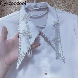 Luxury Premium Rhinestone Tassel Crystal Studded Pearl Flower Shirt Regulai Fit Womens Tops Spring Victorian Blouse White