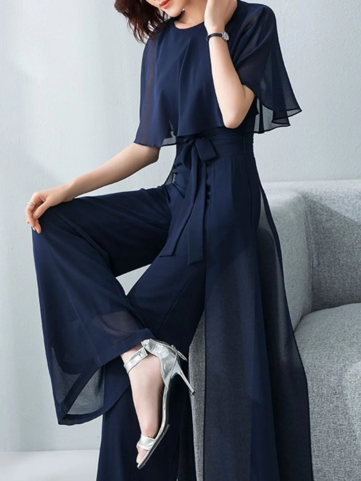 

Женский летний цельный костюм-комбинезон, новинка 2025 года, с широкими штанинами из шифона, с завышенной талией, для офиса, прямой крой, высокий вырез на спине