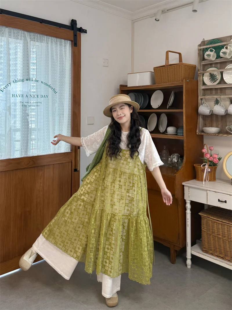 

Kumikumi Elegant Short Sleeve T-Shirt Three Piece Set Women's Casual Loose Summer High Waist Lace Detail Plaid Pattern Dress