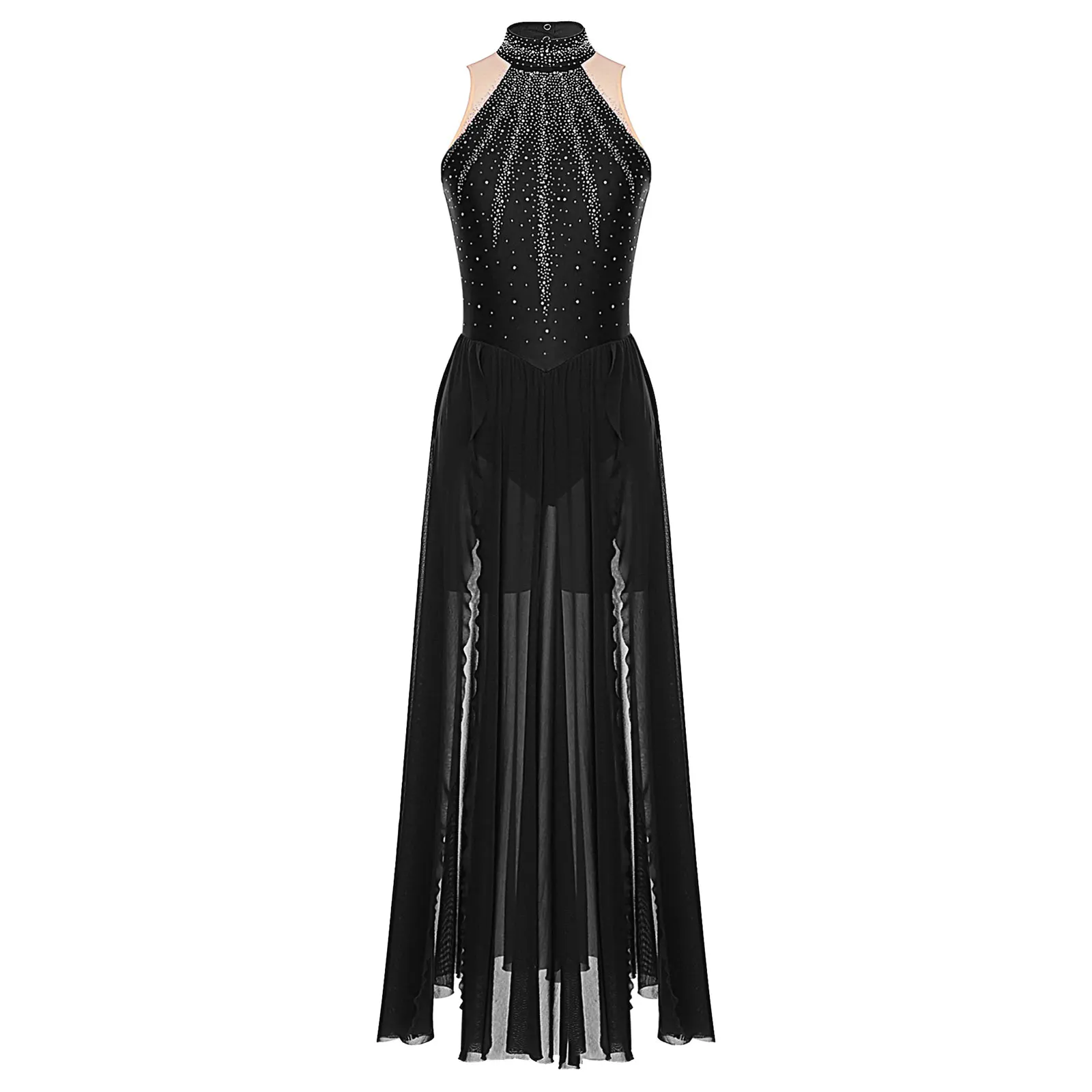 Women Modern Lyrical Dance Performance Costume Sleeveless Rhinestones Mesh Split Leotard Dress for Skating Gymnastics Acrobatics