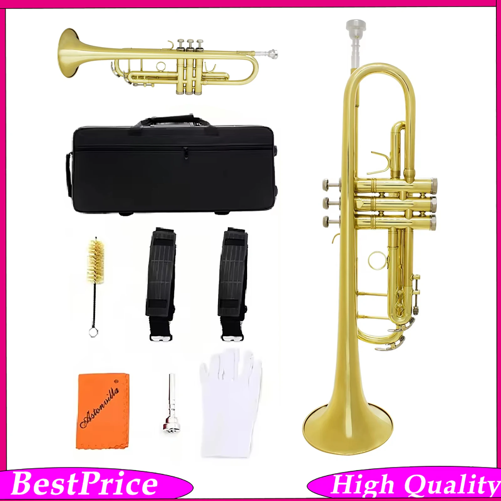 Astonvilla Bb Trumpet Professional Double Strand Golden Trumpet Brass Instrument with Case Mouthpiece Accessories for Stage Show
